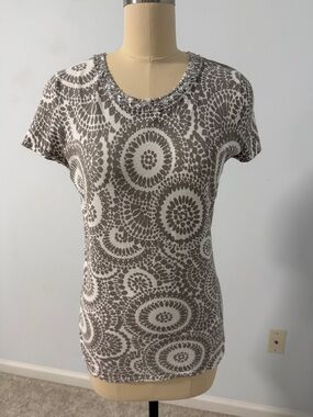 INC International Concepts Taupe and White Jeweled Neck Short Sleeve Top SZM